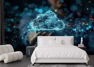 Cloud computing technology and online data storage for global network, database, blockchain and internet of things concept. Hand holding hologram of cloud with icons. Wall mural