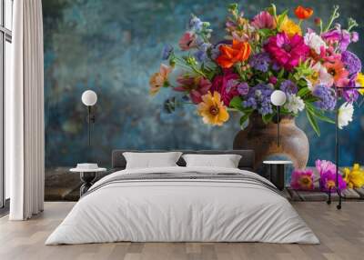 Colorful Bouquet of Flowers in a Vase on a Rustic Wooden Table Wall mural