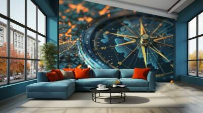 Digital compass with world map Wall mural