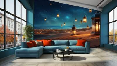 Lanterns stands in the desert at night sky Wall mural