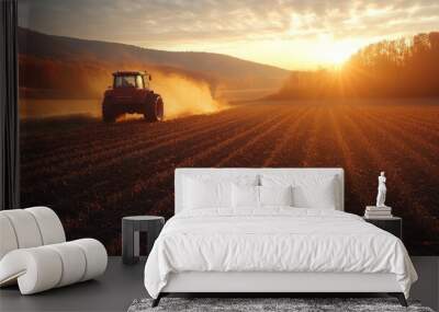 Tractor Working the Field at Sunset Wall mural