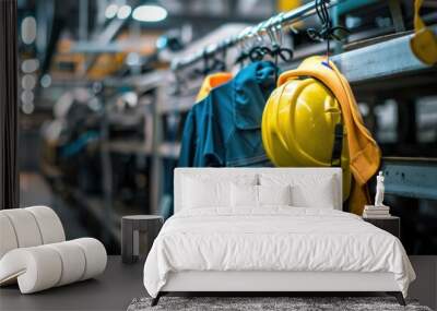 Yellow Hard Hat Hanging in a Industrial Setting Wall mural