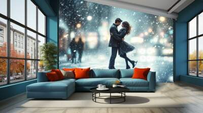 A couple is skating on a frozen lake at night, under a starry sky, with lights in the background. Wall mural