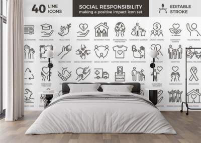 40 thin line vector icons with editable stroke related with social responsibility, volunteering and humanitarian causes Wall mural