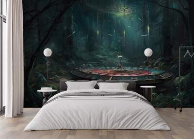 Casino Roulette inside a dark forest during the night Wall mural