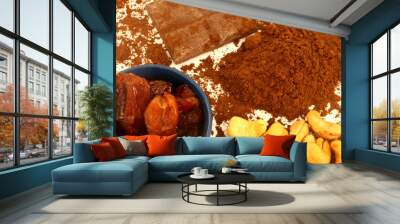 chocolate bar and cocoa powder on white background Wall mural