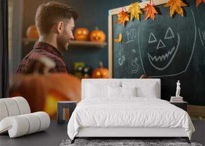 Close-up of a professional teacher writing on a chalkboard in a well-lit classroom decorated with subtle autumn leaves and Halloween-themed Wall mural