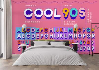 cool 90s retro alphabet effect - vibrant vector typography typeface font letters and numbers with two different color schemes. Pop magazine inspired nineties Wall mural