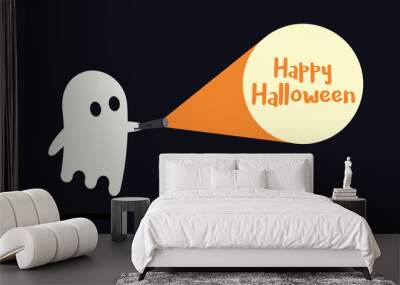 Cute ghost character just found the Happy Halloween message with his flashlight. Vector illustration Wall mural