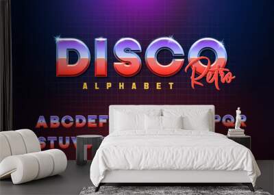 Disco Retro vector alphabet. Modern font with blue, purple and red color. Metallic chrome effect with color gradient. Gaming, night club, music or other retro, modern or futuristic subjects. Wall mural