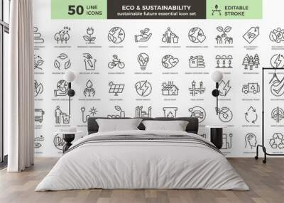 Eco and Environmental Sustainability Icon Set: 50 Thin Line Illustrations for a Greener Future - Editable Stroke Icons on Ecology, Renewable Energy and Eco-Friendly Practices Wall mural