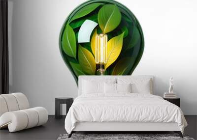 green light bulb, light bulb with green leaf, green energy concept, transparent background Wall mural