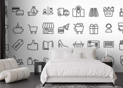 Icons related with commerce, shops, shopping malls, retail. Vector illustration thin line design set Wall mural