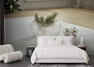 A glass vase with a green pine tree inside it sits on a white rug. Christmas, Christmas tree Wall mural