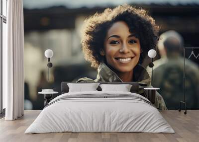 Young African-American woman in the military, on a base. copy space Wall mural