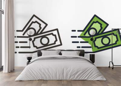 Money vector icon. Bank note Dollar bill flying from sender to receiver. Design illustration for money, wealth, investment and finance concepts. 2 Different styles, thin line and filled outline Wall mural