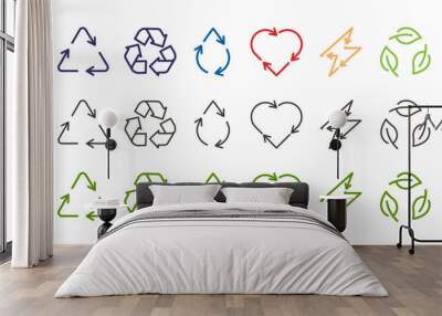 Recycle, reuse, renewable icons. Vector thin line outline stroke illustration signs in triangle, drop, heart, leaves and bolt shape. Different color styles Wall mural