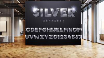 Silver Alphabet. Metallic font 3d effect typographic elements. Mettalic stainless steel three dimensional typeface effect Wall mural