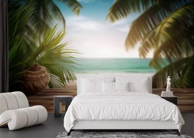 wooden table for product placement with a tropical beach and palm trees on the background Wall mural