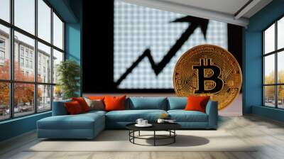 Virtual currency ok computador grafic, Bitcoin gold coin and printed encrypted money with QR code. Cryptocurrency concept Wall mural