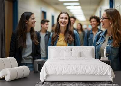 A group of students walking in a school hallway. Wall mural