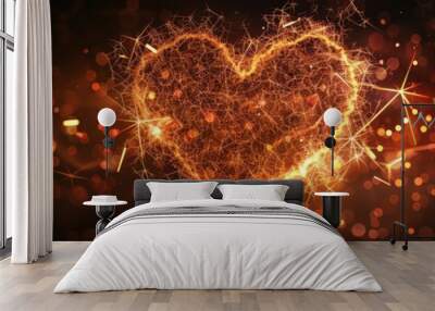 A radiant heart shaped from fiery sparks, symbolizing love and passion in a captivating dark background. Wall mural