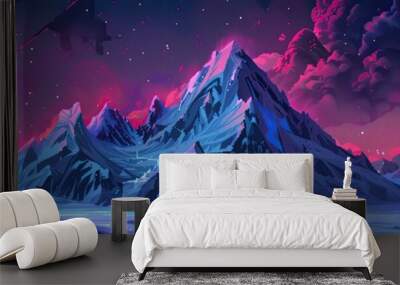 Vibrant digital artwork showcasing a surreal mountain landscape with glowing pink and purple skies, perfect for fantasy and sci-fi themes. Wall mural