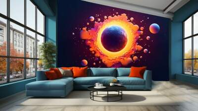 Vivid digital illustration of a cosmic explosion with a central glowing black hole and surrounding colorful nebulae and planetary objects. Wall mural