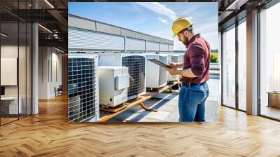 HVAC Technician Inspecting Air Conditioning Units on Rooftop. Wall mural