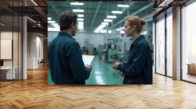 Two factory workers discussing work in a factory. Wall mural