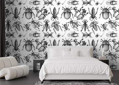 Tileable pattern of hand drawn fantasy bugs/beetles Wall mural