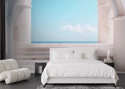 Arcade Steps to Ocean Paradise, serene seaside view, elegant white stone sculpture, podium for design mockup, bright summer atmosphere, inviting empty space for creativity Wall mural