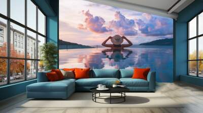 Asian travel bikini woman relax in infinity pool on phuket beach Thailand Wall mural