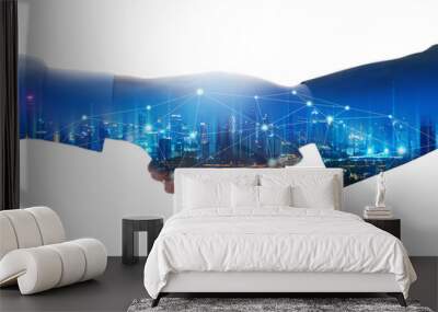 Business man handshake and network connection city graphic Wall mural