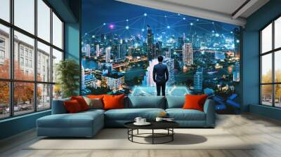 Business man on futuristic network city technology background Wall mural