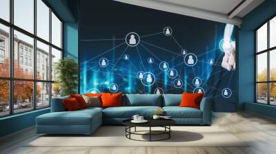 Business man pointing people network and digital finance marketing with city technology background Wall mural