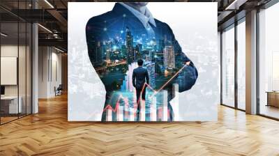 Double exposure business man on futuristic network connect city technology background Wall mural