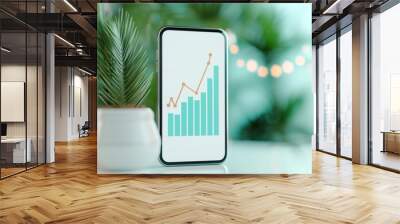 Mobile App Growth Metrics, A vibrant 3D illustration showcasing an upward-trending graph, symbolizing stock market investment growth in a clean, minimalistic design. Wall mural