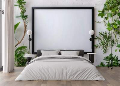 Modern minimalist interior featuring a large black horizontal picture frame on a white wall, emphasizing open space and contemporary design elements. Wall mural