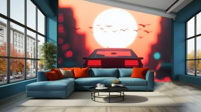 Retro-futuristic cityscape at sunset, featuring a vintage car amidst vibrant 80s and 90s hues, with sleek buildings and birds soaring, evoking nostalgia and imagination. Wall mural