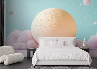 Whimsical Moonlit Dreamscape, Cartoon yellow moon adorned with craters gliding through vibrant clouds in a lilac starry sky filled with bubbles, stars, and planets. Wall mural