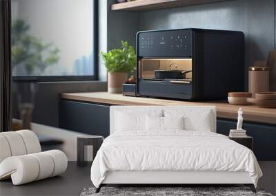 A black countertop oven sits on a wooden counter in a modern kitchen. Wall mural