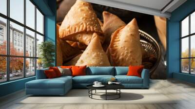 A bowl of Indian samosas with a glass of chai Wall mural