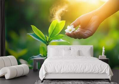 A farmer pollinating a vanilla orchid by hand, emphasizing the rarity of natural vanilla Wall mural