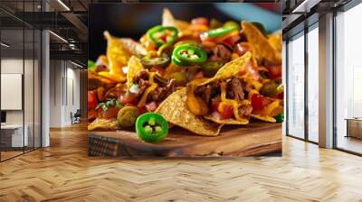 A plate of nachos with ground beef, cheese, salsa, sour cream, and guacamole. The nachos are served on a wooden board. Wall mural