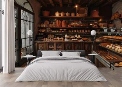 A rustic Spanish bakery with a display of churros and pastries, with traditional tile flooring and wooden shelves Wall mural