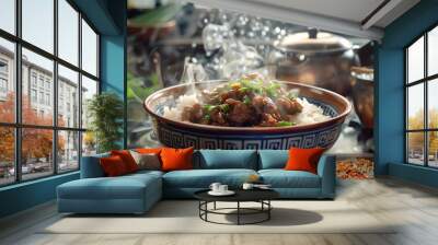 Braised pork rice Lu Rou Fan, served in a traditional bowl with a cozy Taiwanese home kitchen setting Wall mural