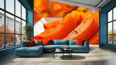 Bright orange slices of persimmon amla arranged neatly on a white plate, with a backdrop of autumn foliage Wall mural