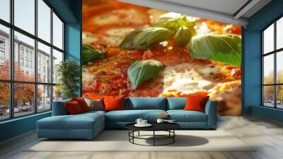 Closeup of a traditional Neapolitan pizza on a rustic wooden table, vibrant tomato sauce and fresh basil leaves, soft evening sunlight, Italian countryside background Wall mural