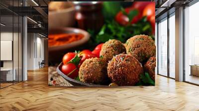 Falafel is a Middle Eastern dish made from chickpeas, fava beans, or both. They are typically served with pita bread, hummus, and tahini sauce. Wall mural